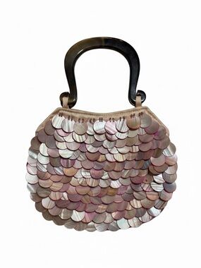 Iridescent Pink Shell Sequin Handbag with Acrylic Tortoise Shell Handle